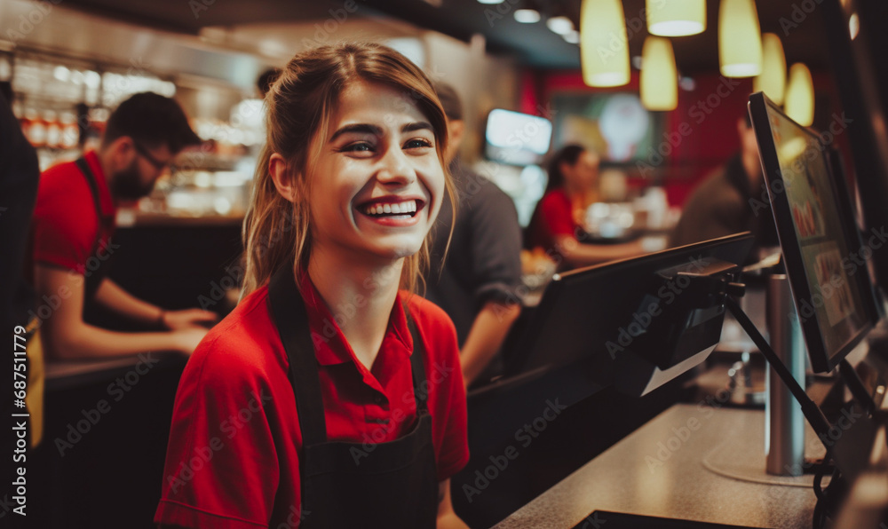 Caissière souriante dans un restaurant Caissière souriante dans un restaurant