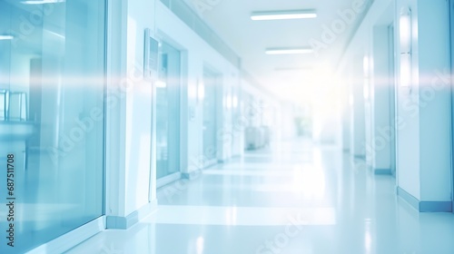 Abstract blur luxury hospital corridor. Blur clinic interior background with defocused effect. Healthcare and medical concept : Generative AI