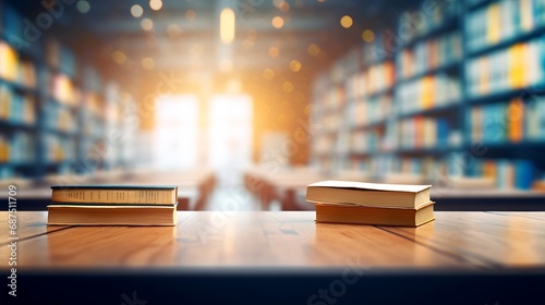 Abstract blurred empty college library interior space. Blurry classroom with bookshelves by defocused effect. use for background or backdrop in book shop business or education resource : Generative AI photo