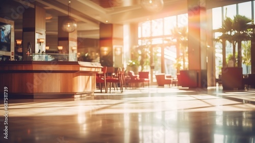 Abstract blur and defocused hotel lobby interior for background - Vintage Filter : Generative AI