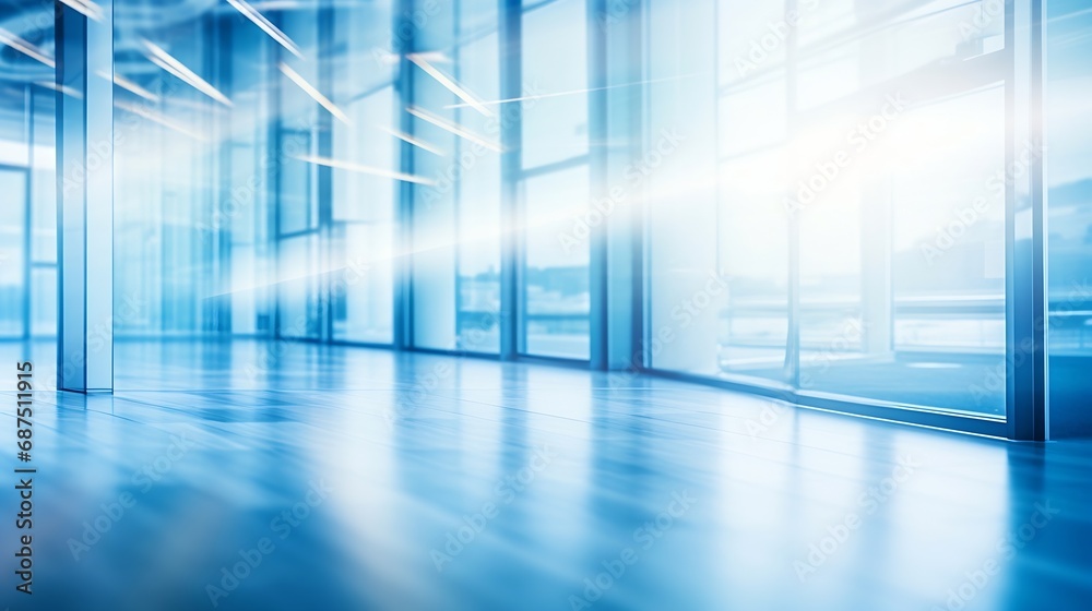 Blurred abstract background interior view looking out toward to empty office lobby and entrance doors and glass curtain wall with frame - blue white balance processing style : Generative AI