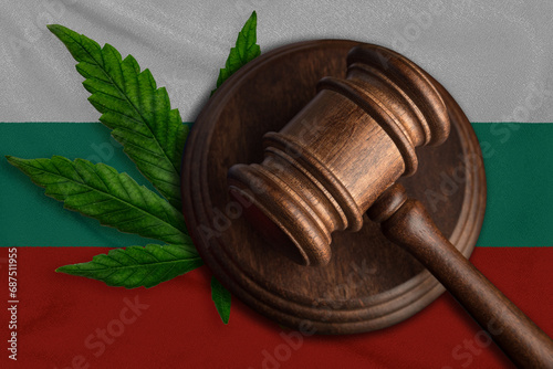 Flag of Bulgaria and justice gavel with cannabis leaf. Illegal growth of cannabis plant and drugs spreading