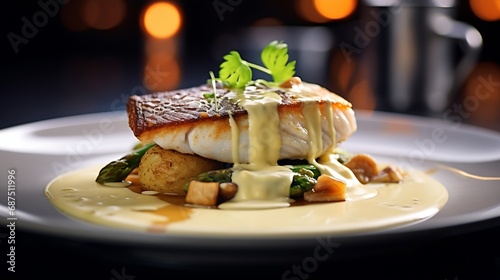 Cod fillet with cauliflower cream, asparagus, clam-wine sauce and mussles. Delicious seafood fish closeup served on a table for lunch in modern cuisine gourmet restaurant : Generative AI