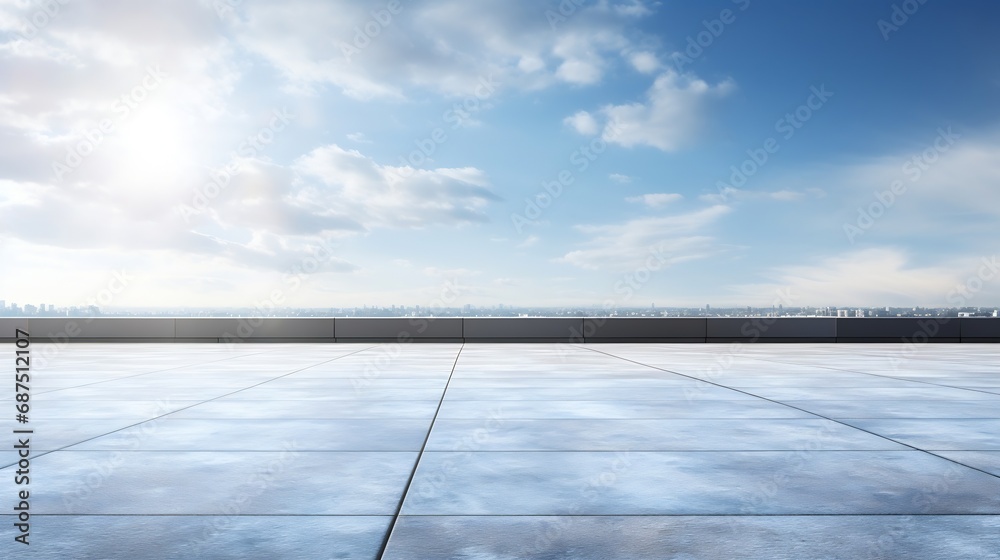 Empty floor ground on rooftop with beautiful sunlight blue sky. : Generative AI