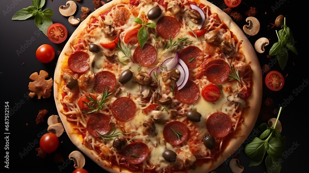 Delicious pizza pepperoni sausages with mozzarella, tomatoes and mushrooms, olives, chicken, cheese. poster or menu. isolated on background. display, whole and side view. flat lay. top : Generative AI