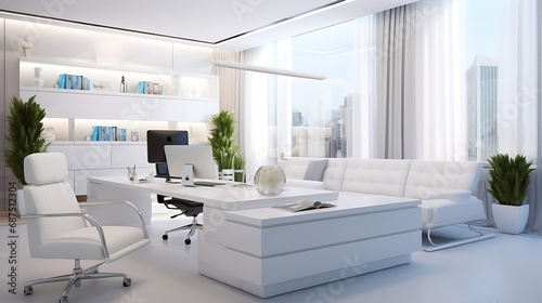 Interior of a modern office, simple with white furniture, equipment and walls. : Generative AI