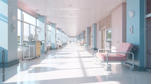Long hospital bright corridor with rooms and seats : Generative AI