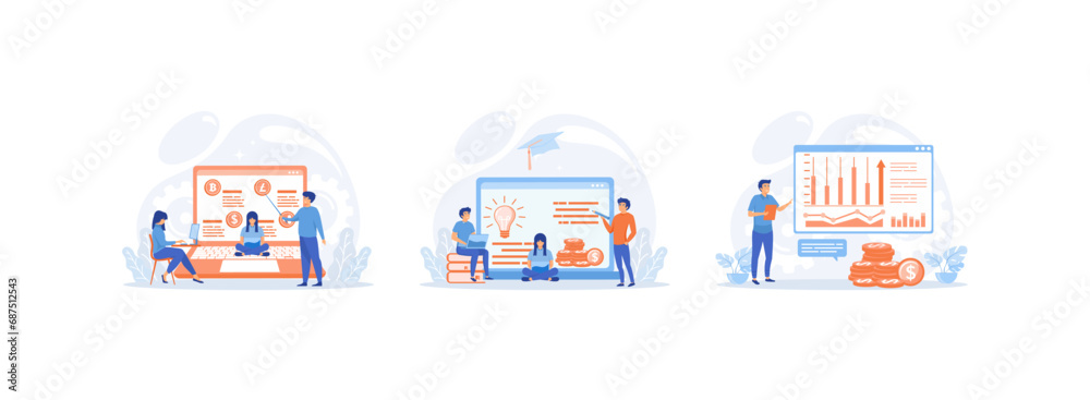 Financial literacy education, online education, analyzes statistics and manages money Financial  education set flat vector modern illustration 