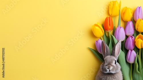 Rufus Bunny Rabbit with yellow, orange, purple tulips for Easter and Spring light background copy space flat lay portrait : Generative AI #687512502
