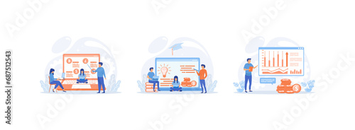 Financial literacy education, online education, analyzes statistics and manages money Financial  education set flat vector modern illustration 