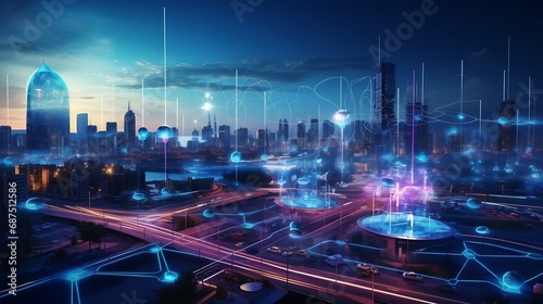 Smart city and communication network concept. 5G. IoT (Internet of Things). Telecommunication. : Generative AI photo