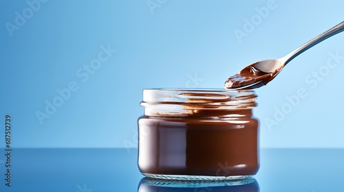 a jar of chocolate nut spread with a spoon on a light blue background. Favorite delicacy, traditionally for breakfast, popular sweet paste for sandwiches and baked goods. : Generative AI
