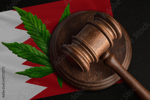 Flag of Bahrain and justice gavel with cannabis leaf. Illegal growth of cannabis plant and drugs spreading.