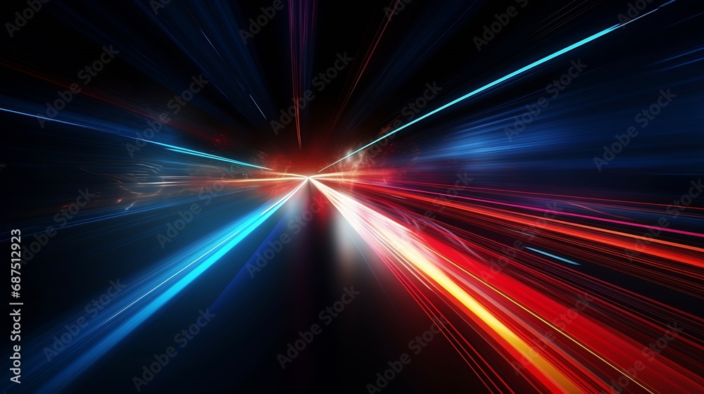 speed light line motion blur on dark background, data transfer simulation, blue to red lights : Generative AI speed light line motion blur on dark background, data transfer simulation, blue to red lights : Generative AI