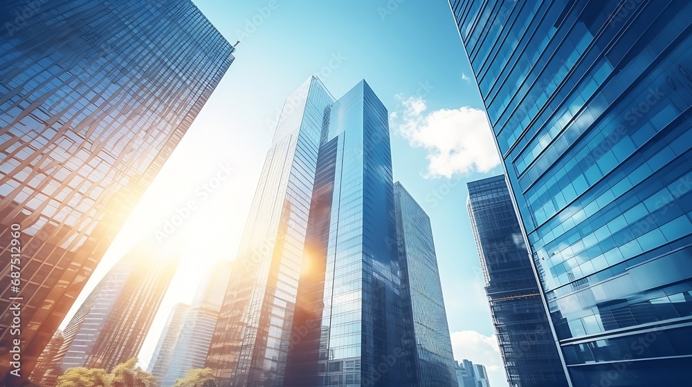 business and financial skyscraper buildings concept.Low angle view and lens flare of skyscrapers modern office building city in business center with blue sky. : Generative AI