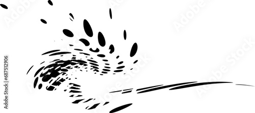 Dotted sweeping frame with black untwisted splashes and overlay of translucent, punched-out contours of splashes rotated around axis. Vector. For logos, trademarks, emblems. Space for copy text.