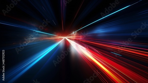 speed light line motion blur on dark background, data transfer simulation, blue to red lights : Generative AI