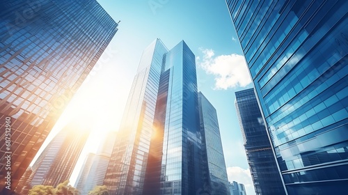 business and financial skyscraper buildings concept.Low angle view and lens flare of skyscrapers modern office building city in business center with blue sky. : Generative AI