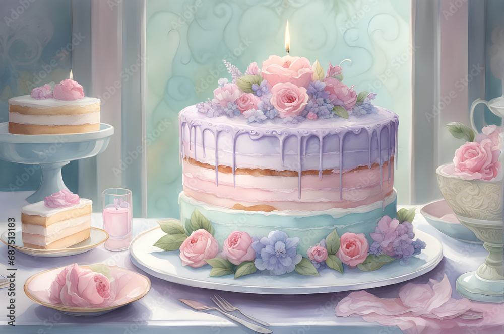 AI-generated illustration features a pastel-colored cake, evoking sweetness and celebration with its vibrant hues and intricate details.
