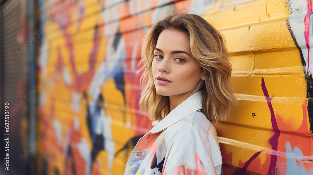Portrait of young european fashionable female model, shot from the side, smiling, looking to the side, vibrant urban graffiti wall background