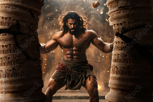 Samson breaking the temple pillars. Biblical scene concept, religious theme. photo