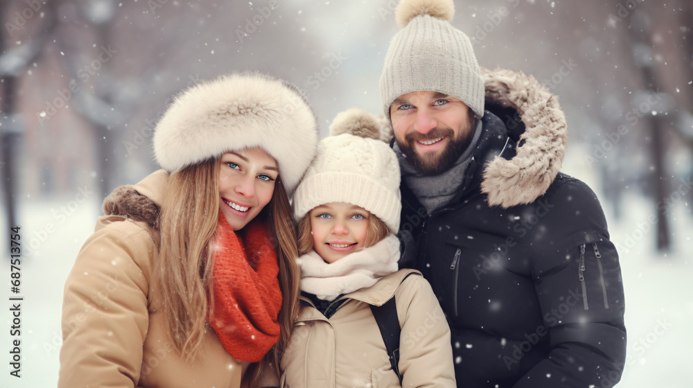 Fototapeta premium Parenthood, fashion, season and people concept - happy family with child in winter clothes outdoors