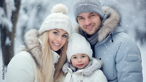Parenthood, fashion, season and people concept - happy family with child in winter clothes outdoors
