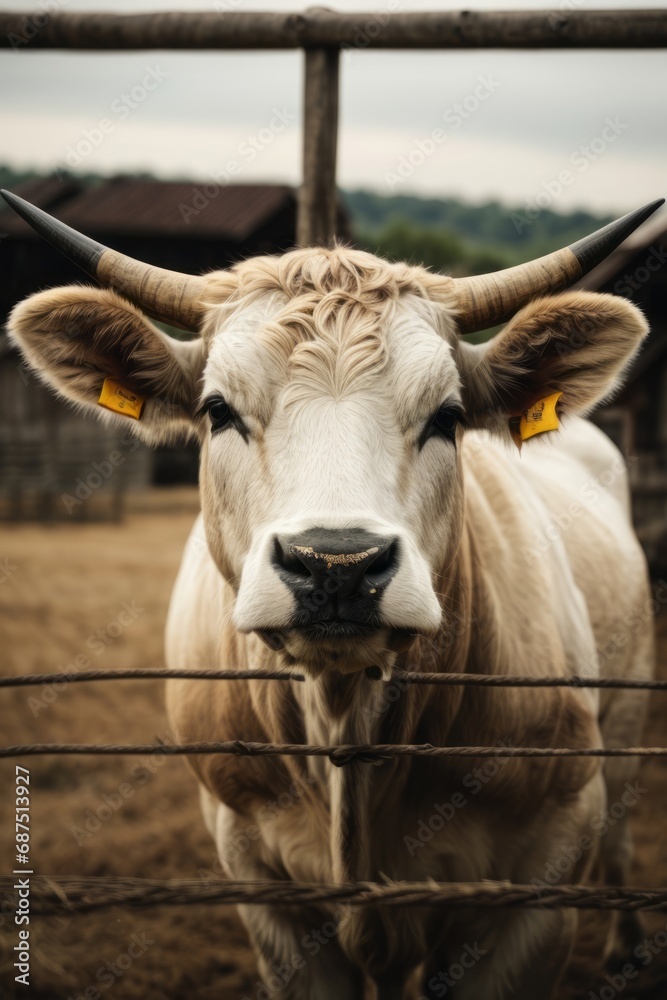 Close-up of a beautiful cute white cow with long horns in a barn, stable. Farm, pets, farming concepts. Close-up of a beautiful cute white cow with long horns in a barn, stable. Farm, pets, farming concepts.