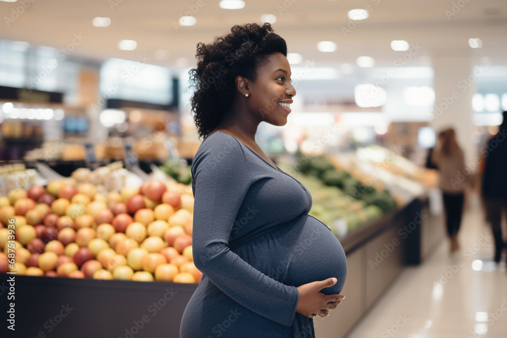 Femme enceinte dans un magasin d'alimentation - obrazy, fototapety, plakaty 