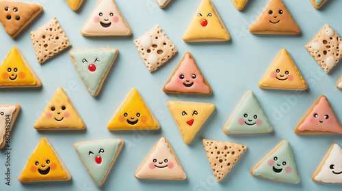 Happy Purim pattern hamantaschen cookies on pastel background. (Happy Purim in Hebrew, jewish holiday celebrate)