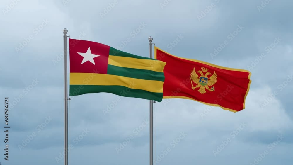 Montenegro and Togo flag waving together on cloudy sky, endless seamless loop, two country cooperation concept Montenegro and Togo flag waving together on cloudy sky, endless seamless loop, two country cooperation concept