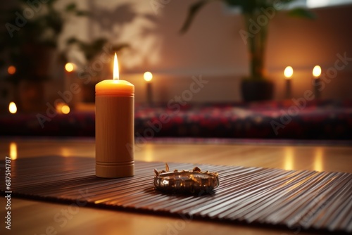 In a minimalist yoga space, candles and yoga mats, along with simple decor, accentuate a tranquil atmosphere, providing an ideal environment for focused practice and relaxation.