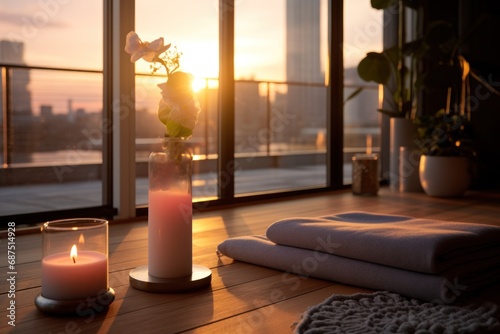 Mats lie on the floor of a quiet yoga room, surrounded by candles and muted background, fostering a sense of tranquility.