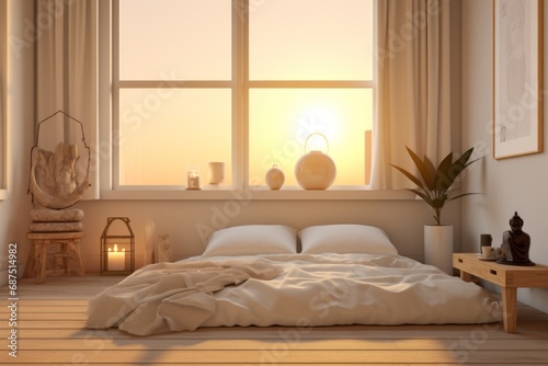 Without visitors, the yoga room remains quiet and empty, the absence of activity contributing to a calm and peaceful atmosphere, especially as the last light of the day illuminates the space.