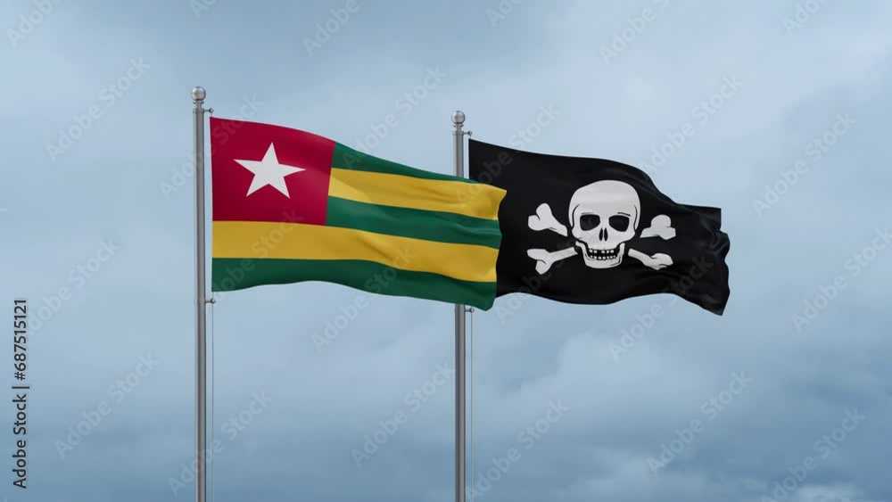 Togo flag and Jolly Roger or pirate flag waving together on cloudy sky, endless seamless loop Togo flag and Jolly Roger or pirate flag waving together on cloudy sky, endless seamless loop