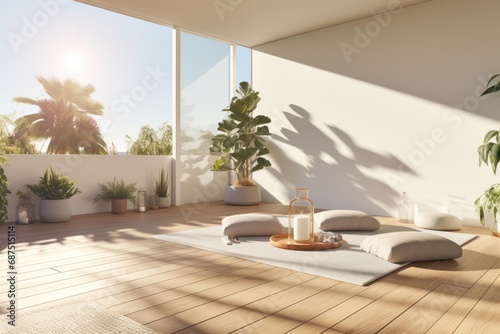 An empty yoga room, the setting sun creates a warm light that fills the space with a cozy atmosphere, expanding the room into a vast open space.