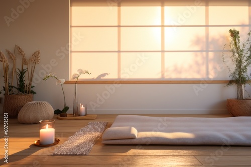 In the yoga space, yoga mats and simple decor accentuate a tranquil atmosphere, creating an ideal environment for focused practice and relaxation, especially as the sun sets.