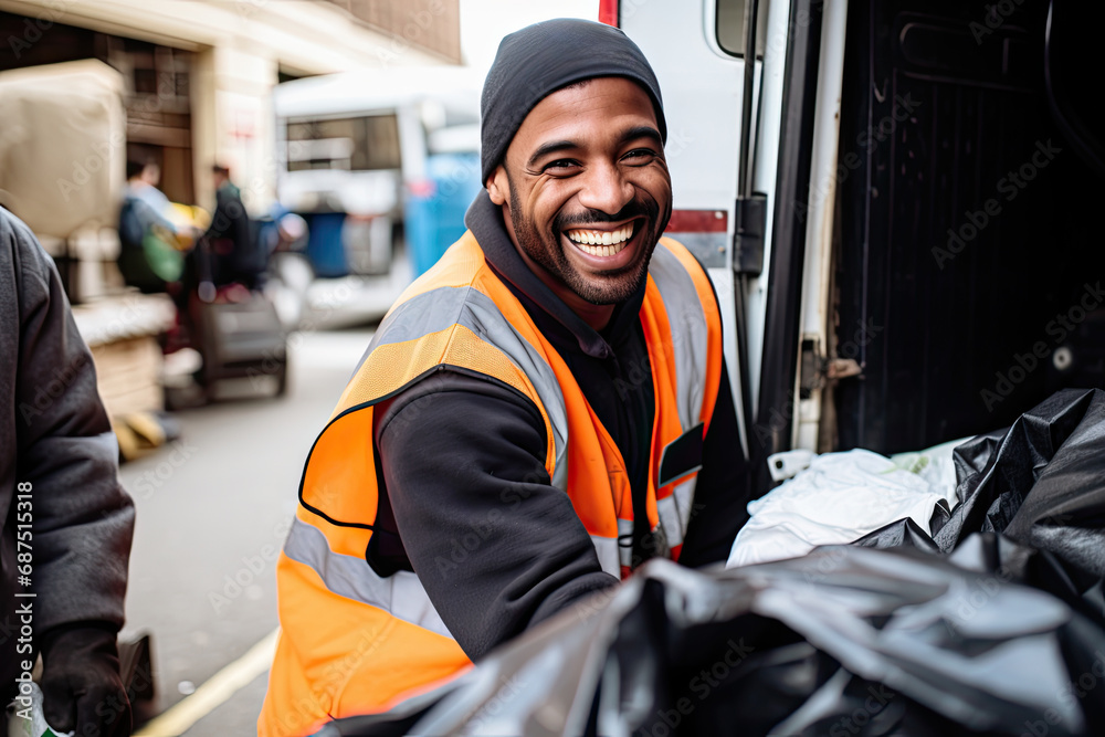 Obraz premium Garbage collector at work, promoting recycling and waste management in an urban environment with a truck.