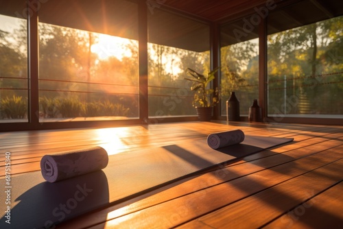 Without visitors, the yoga room remains quiet and empty, the absence of activity contributing to a calm and peaceful atmosphere, especially as the last light of the day illuminates the space.