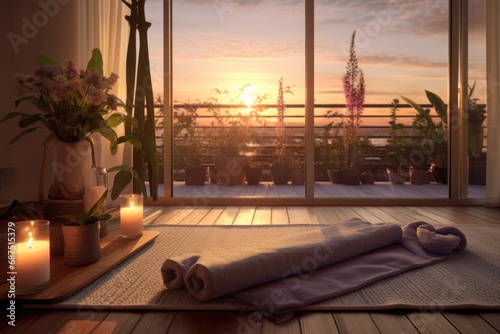 In the yoga space, yoga mats and simple decor accentuate a tranquil atmosphere, creating an ideal environment for focused practice and relaxation, especially as the sun sets.