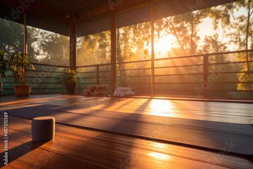 An empty yoga room, the setting sun creates a warm light that fills the space with a cozy atmosphere, expanding the room into a vast open space.