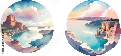 set of cliff and lake in watercolor