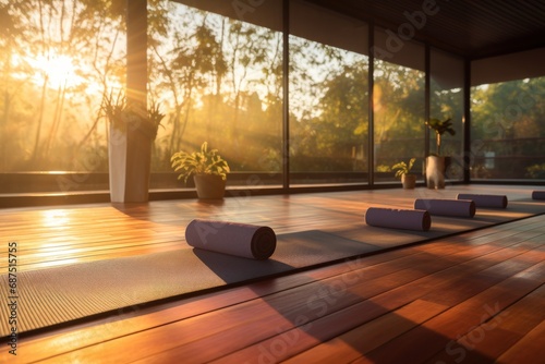An empty yoga room, the setting sun creates a warm light that fills the space with a cozy atmosphere, expanding the room into a vast open space.