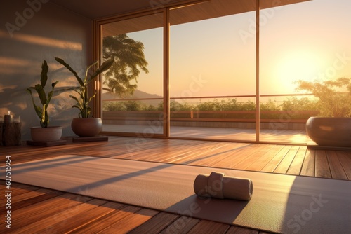 Without visitors, the yoga room remains quiet and empty, the absence of activity contributing to a calm and peaceful atmosphere, especially as the last light of the day illuminates the space.