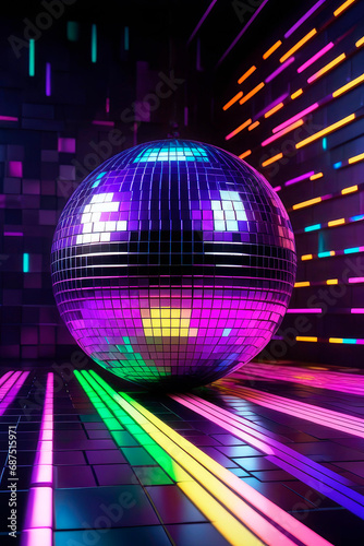 Sparkling disco ball glows neon. Nightlife bright and party. Abstract background illustration.