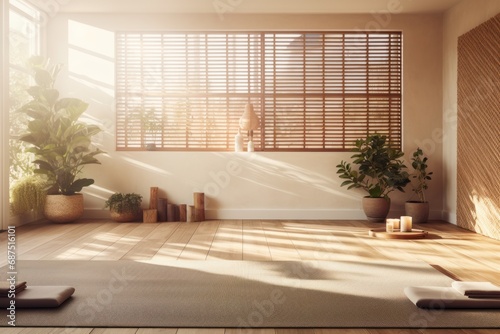An empty yoga room, the setting sun creates a warm light that fills the space with a cozy atmosphere, expanding the room into a vast open space.