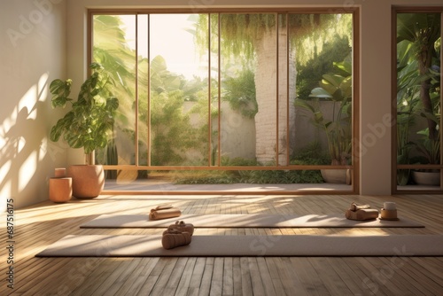 An empty yoga room, the setting sun creates a warm light that fills the space with a cozy atmosphere, expanding the room into a vast open space.