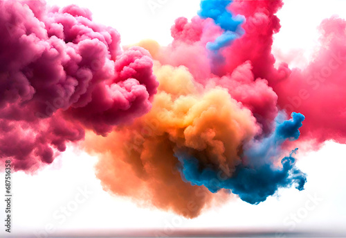 Colored smoke, blue, orange, yellow, pink, explosion, on a white background