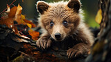 brown bear cub in the forest. Young brown bear in the forest Animal in nature habitat. generative ai