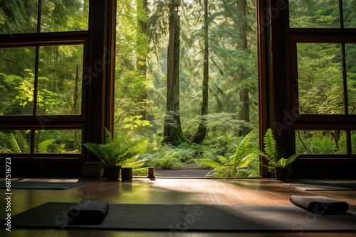 An empty yoga room, the setting sun creates a warm light that fills the space with a cozy atmosphere, expanding the room into a vast open space.